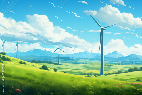 Wind farm or wind park in a field with green grass, with high wind turbines for generation electricity with copy space. Green energy concept. © Iryna Melnyk