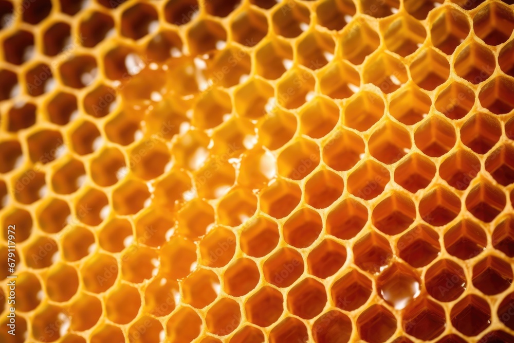 close-up view of organic honeycomb filled with honey