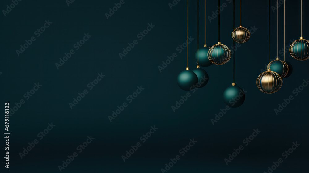 Obraz premium Row of color christmas balls hanging on strings over blue background