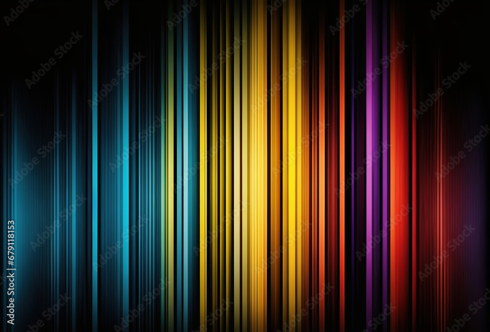 Graphic lines abstract background. Yellow blue red color glowing stripes design on dark black decorative geometric art illustration.