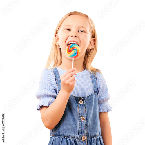 Child, portrait and lollipop candy eating for happy sweet tooth, sugar rush or isolated transparent png background. Female person, face and dessert hungry smile for unhealthy snack food, fun at party photo