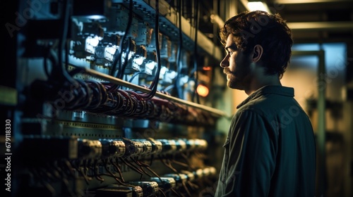 An engineer stands and inspects the water supply control panel.