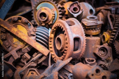 a close shot of rusty, discarded machinery parts