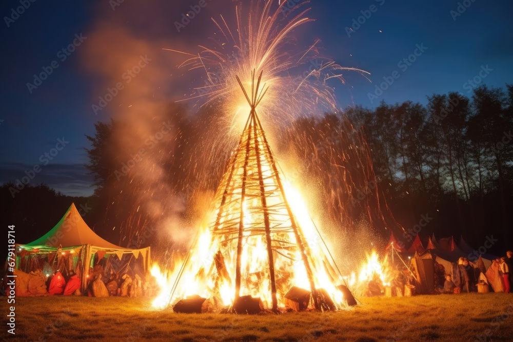 traditional festival bonfire in the night with bright sparks
