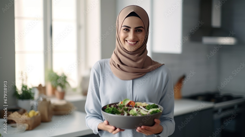 Arab woman standing in modern kitchen holding salad bowl and smile for the camera Arab woman standing in modern kitchen holding salad bowl and smile for the camera