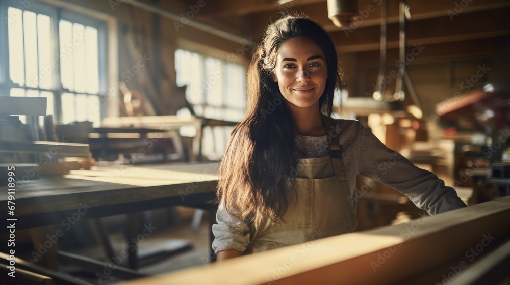 Beautiful young woman works in the DIY workshop of a furniture factory. - obrazy, fototapety, plakaty 