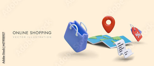 Online shopping. Store advertisement in cartoon style. 3D bag, map, geotag, receipt, price tag with discount. Worldwide delivery. Color header, banner photo
