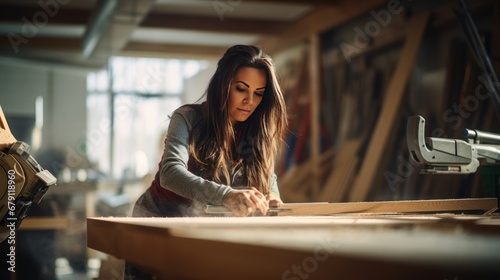 Beautiful young woman works in the DIY workshop of a furniture factory.