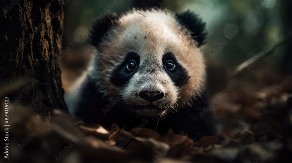 Adorable baby panda bear in a forest. Created with Generative AI.
Adorable baby panda bear in a forest. Created with Generative AI.