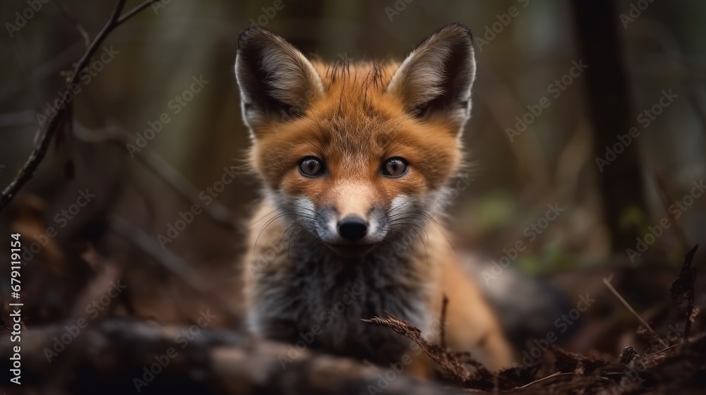 Naklejka premium Adorable baby fox in a forest. Created with Generative AI.