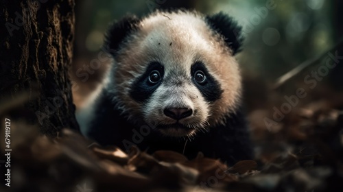 Adorable baby panda bear in a forest. Created with Generative AI. 