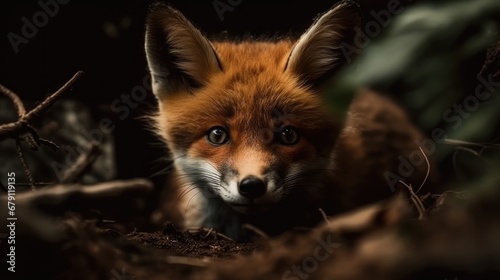 Adorable baby fox in a forest. Created with Generative AI. 