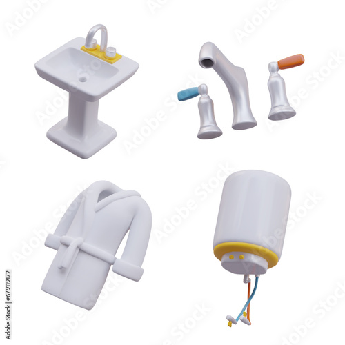 Collection of different stuff for bathroom. Realistic boiler, bathroom, washstand and faucet. Hygiene concept. Vector illustration in 3d style with yellow elements