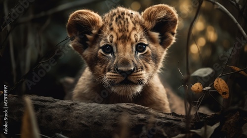 little lion in the forest. Created with generative AI. 