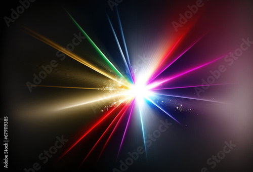 Color rays. Neon light. Defocused red purple blue glowing star sparkles flash beams radiance flare motion on dark black art illustration abstract background.