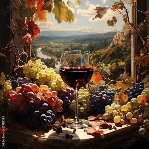 Copa de vino junto a un bodegón de uvas con vistas a los viñedos