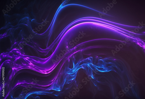 Smoke wave. Neon curves. Defocused purple blue color glowing curl lines mist texture graphic design on dark black art illustration abstract background. © Larisa