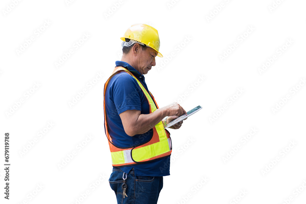 Asian male engineer worker working using digital tablet on white background