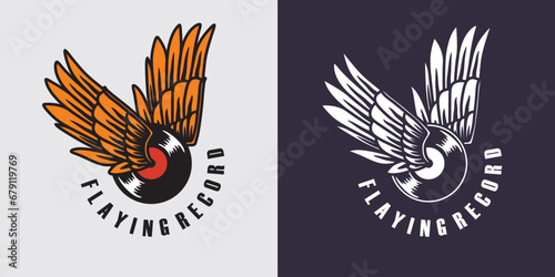 vector illustration of a vinyl record design with wings to fly with a choice of two color characters. audiophile vinyl music