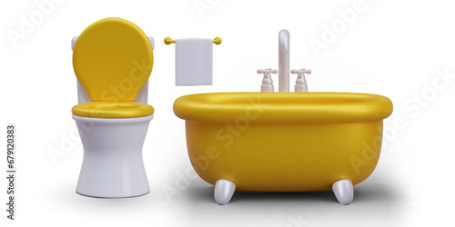 Ceramic new toilet, bath and handle towel. Body care and skincare in bathroom concept. Washing and clean. Vector illustration in 3d style with yellow elements