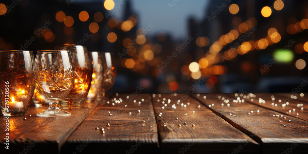 Christmas background. Empty wooden table on the background of the New Year's golden bokeh. Ready for product montage.There are Christmas candles on the edge of the table. - obrazy, fototapety, plakaty 