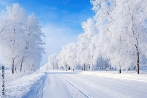 Winter landscape. Winter road and trees covered with snow. Winter background and snow, frost wide panorama © Оксана Олейник