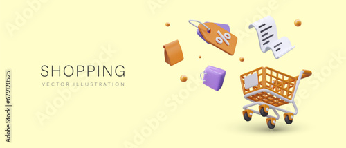 Shopping concept. Realistic shopping cart, bag, package, label, receipt. Planned expenses, household budget. Bargain purchases. Color vector web poster