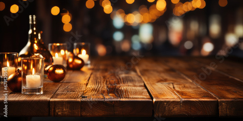 Christmas background. Empty wooden table on the background of the New Year s golden bokeh. Ready for product montage.There are Christmas candles on the edge of the table.