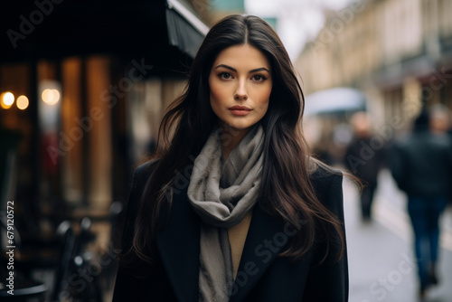 Portrait of a beautiful dark-haired woman standing on the street. Generative AI.