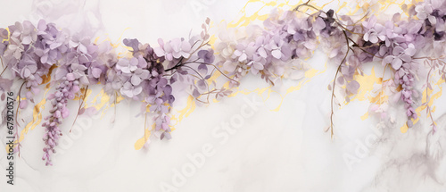 enchanting marble background in shades of lavender and gold, adorned with cascading wisteria blooms and delicate golden accents, providing negative copy space. Wedding, condolences © JensDesign