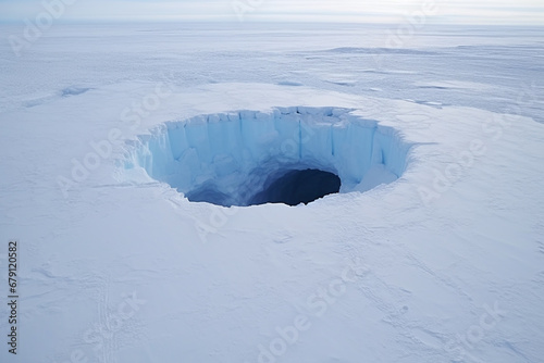 An ice fishing hole. Entrance of a cave on the ground. Generative AI.