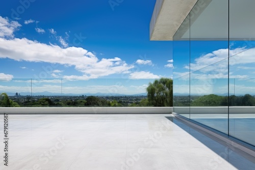 minimalistic concrete patio adorned with frameless glass balustrades © altitudevisual