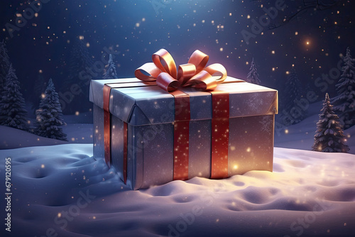 Christmas background with huge gift box and glowing snowflakes © a.yaskova