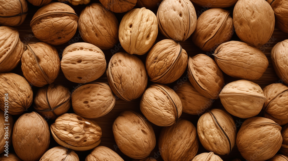 Walnuts in shell, close-up view. Nut background. Generative AI. Walnuts in shell, close-up view. Nut background. Generative AI.