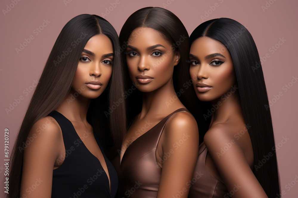 Three attractive young women looking at camera standing on pastel background. Generative AI. Three attractive young women looking at camera standing on pastel background. Generative AI.