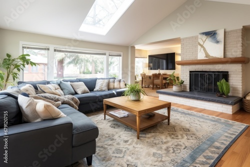 open family room with asymmetrical rug pattern photo