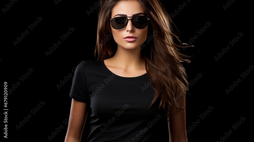 Fototapeta premium Stylish Brunette Woman in Black Shirt and Glasses - Isolated on Dark Background