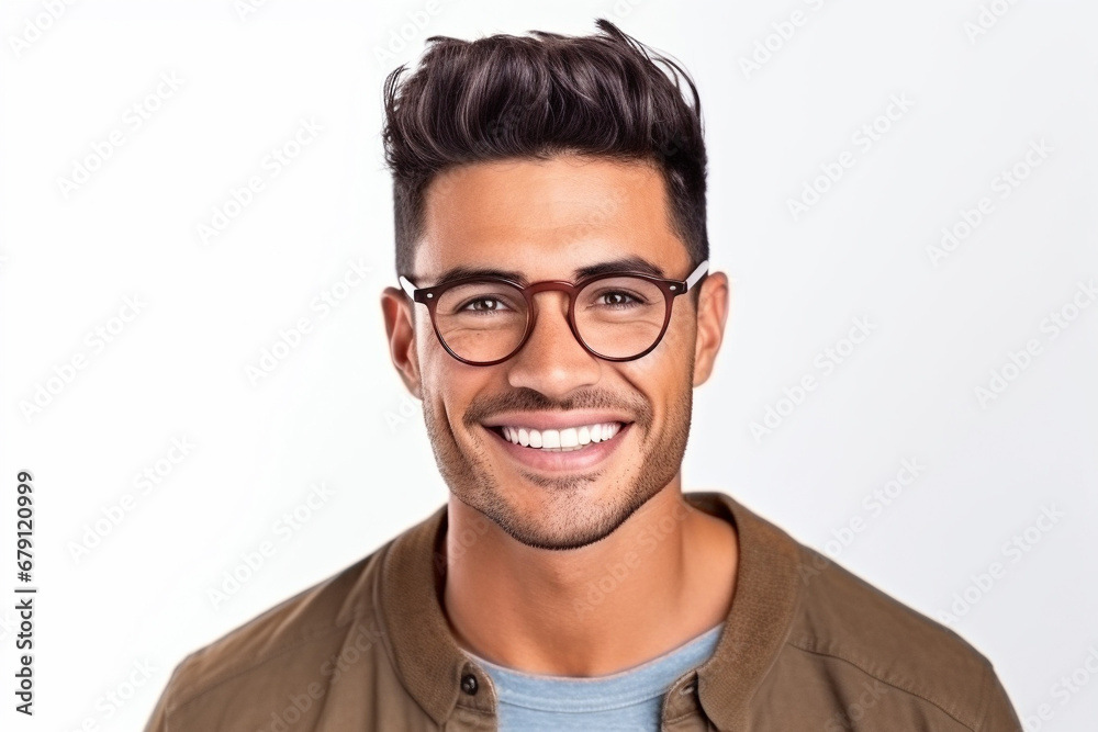 Studio portrait of a young brunette man in glasses on white background. Generative AI.