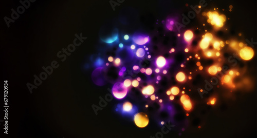 Bokeh circles. Defocused neon light. Blur purple yellow color glowing round bubbles on dark black art illustration abstract empty space background.