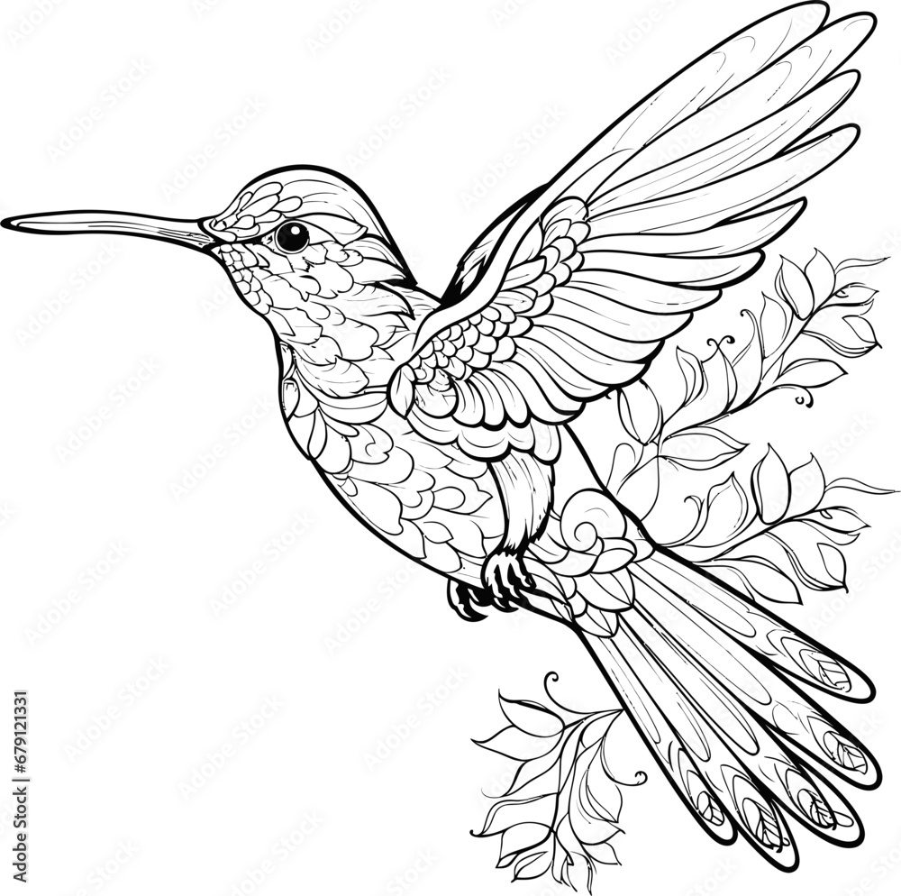 Fototapeta premium Hummingbird black and white coloring page, vector stock photo