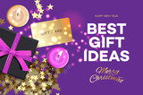 Christmas Sale banner. Best gift ideas. Black present box, pink candle, golden gift card on purple background. Vector illustration