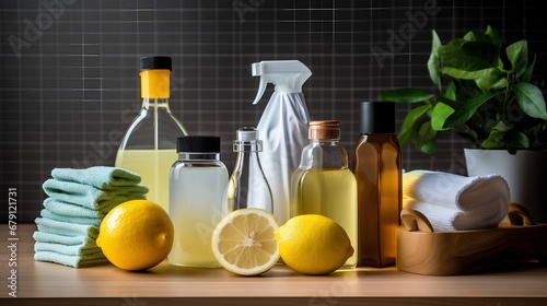 A collection of homemade cleaning products made with natural, organic ingredients, featuring a refreshing citrus aroma for a clean and freshsmelling home environment. photo