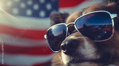 American flag motif sunglasses wearing dog. Beautiful dog with USA flag sunglasses. generative ai © We3 Animal