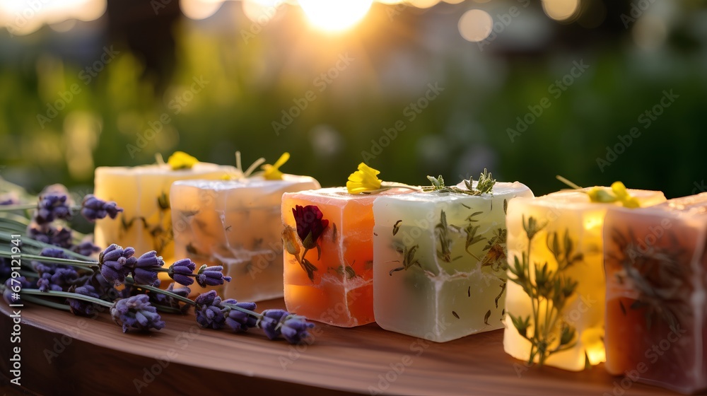 Artisanal bars of natural handmade soap adorned with fresh flowers and aromatic herbs on a rustic wooden background, embodying ecofriendly skincare and wellness. - obrazy, fototapety, plakaty 