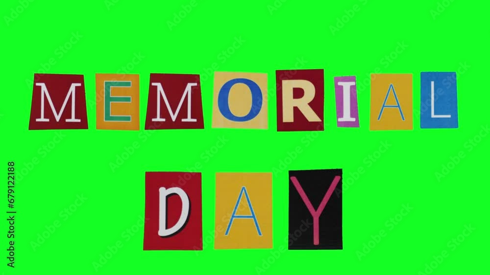 Memorial day title on made of letters on single sheets of paper moving on alpha channel background. Loop animation in cartoon style for banner in honor of the national American holiday military people Memorial day title on made of letters on single sheets of paper moving on alpha channel background. Loop animation in cartoon style for banner in honor of the national American holiday military people
