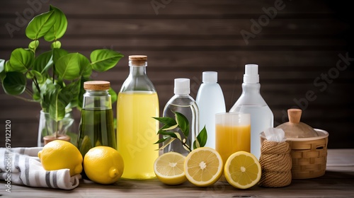 A collection of homemade cleaning products made with natural  organic ingredients  featuring a refreshing citrus aroma for a clean and freshsmelling home environment.