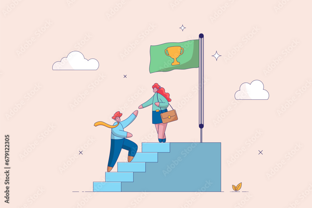 Support or help career success, mentorship. Business mentor or leadership help colleague to succeed and reach goal achieve target. Businesswoman leader help employee climb to target at top of stair.