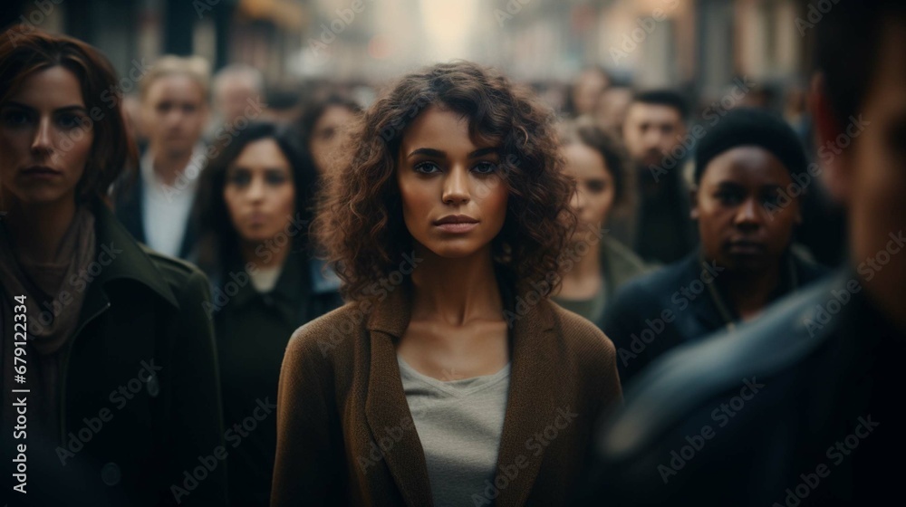 Large group of people standing in the street with focus on woman looking at camera