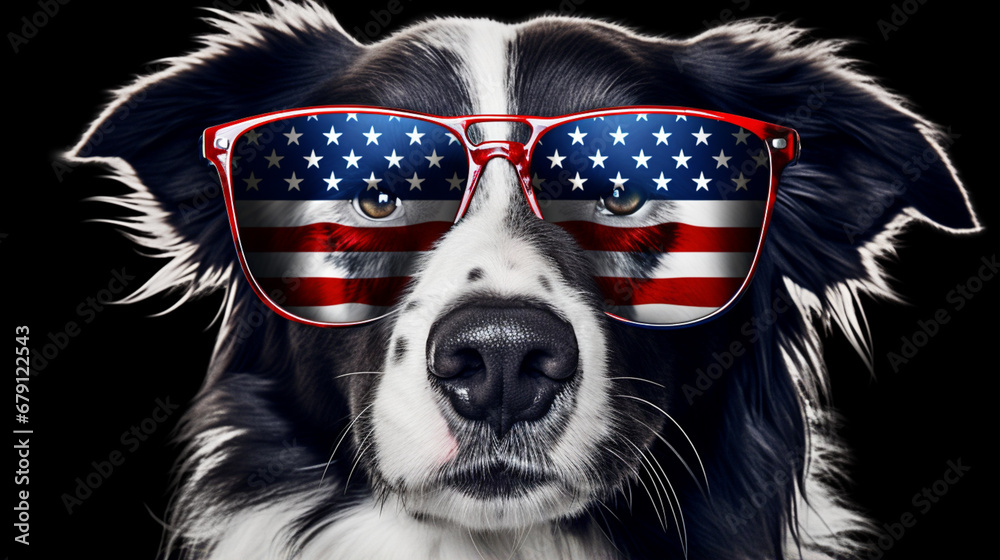 Beautiful border collie in front of a USA flag with sunglasses. generative ai Beautiful border collie in front of a USA flag with sunglasses. generative ai
