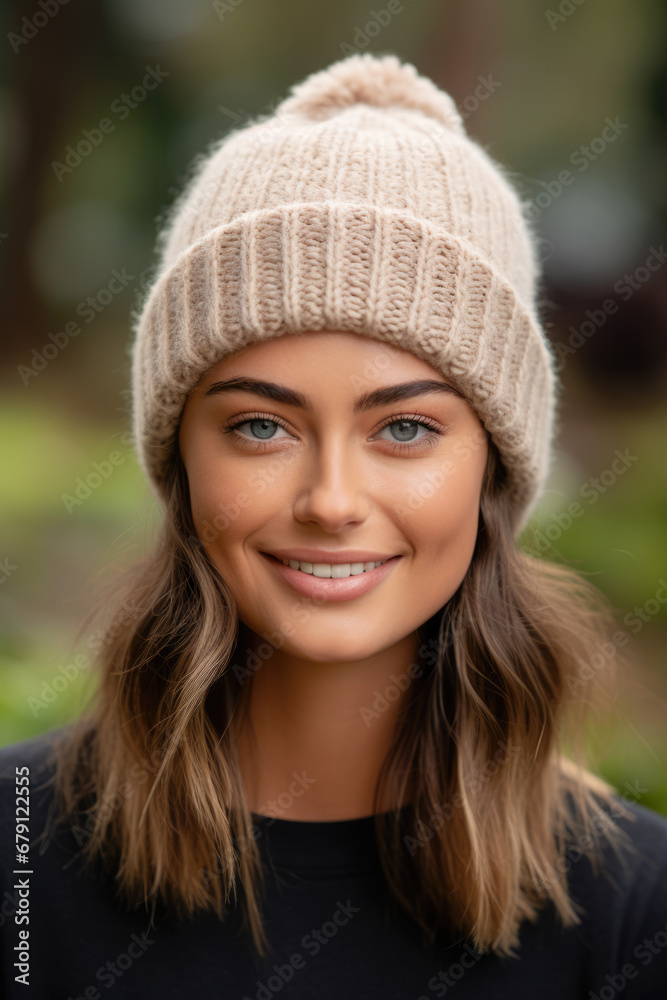 Beautiful woman smiling in warm knitted beanie. Beautiful woman smiling in warm knitted beanie.
